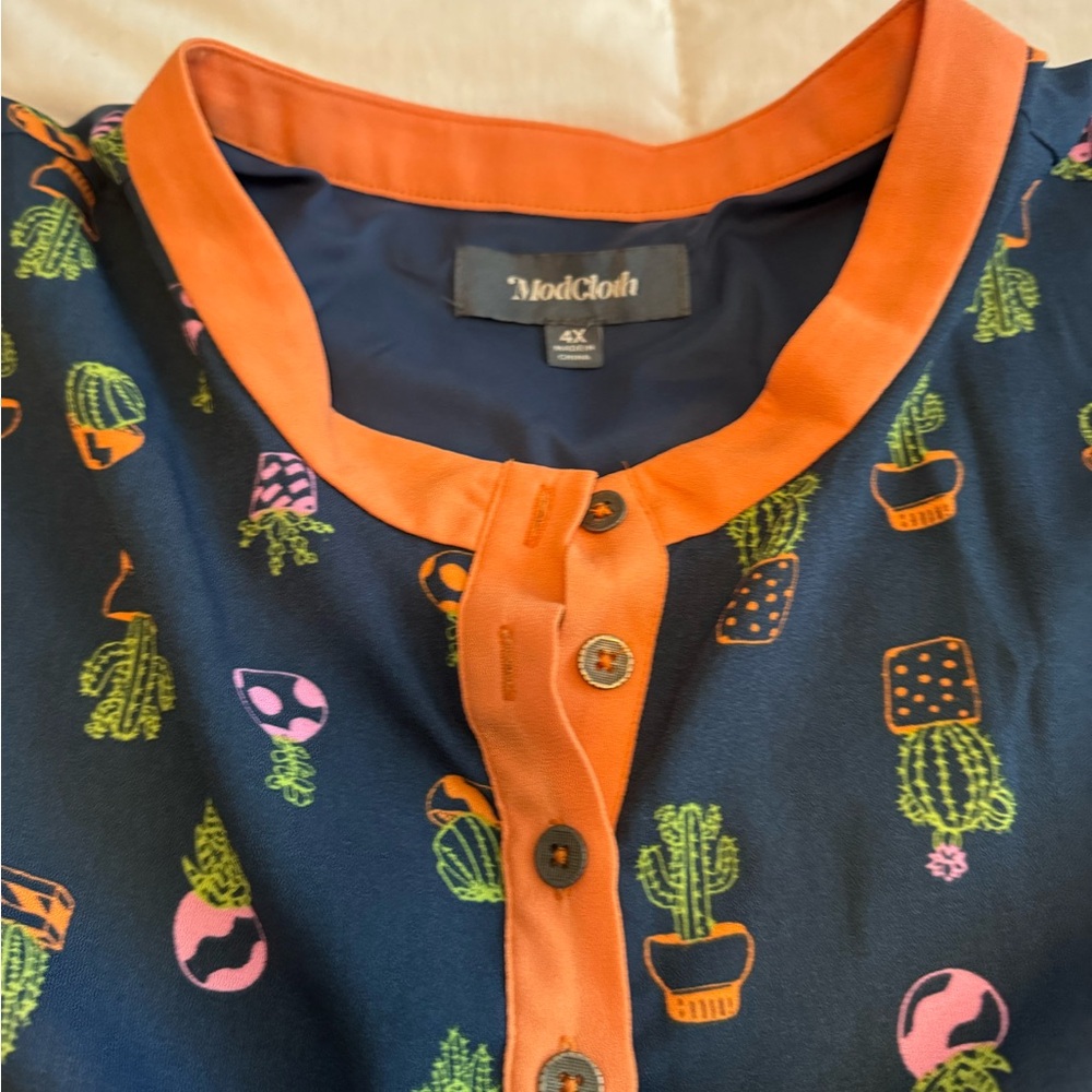 ModCloth Navy Midi Dress with Neon Orange Trim and Cactus Print - Picture 2 of 5
